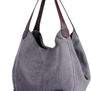 Stylish Gray Canvas Handbag with Multiple Pockets - Versatile Fashion